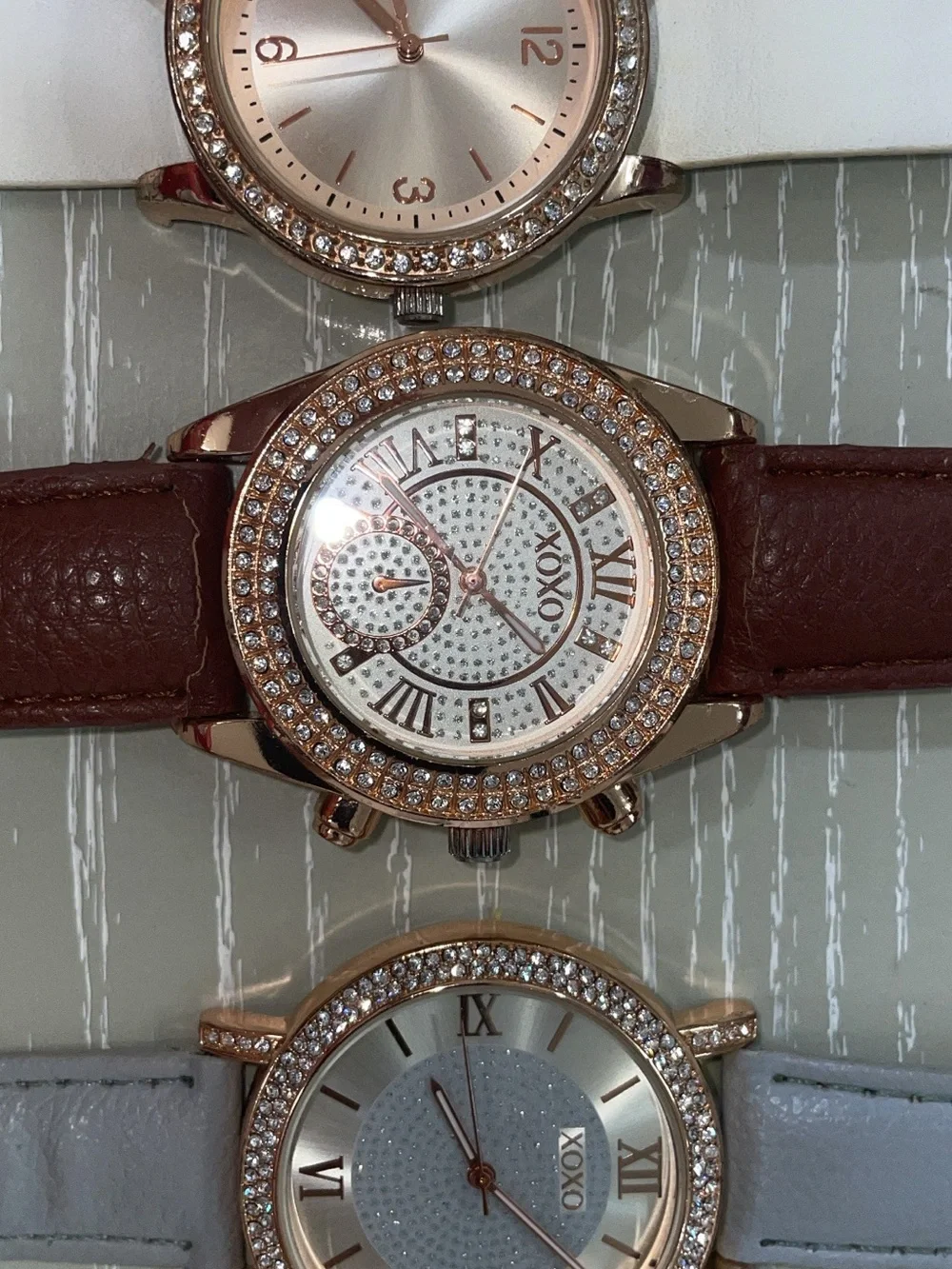 3 XOXO Women's Rose Gold Case White,brown and grey Leather Strap Watches